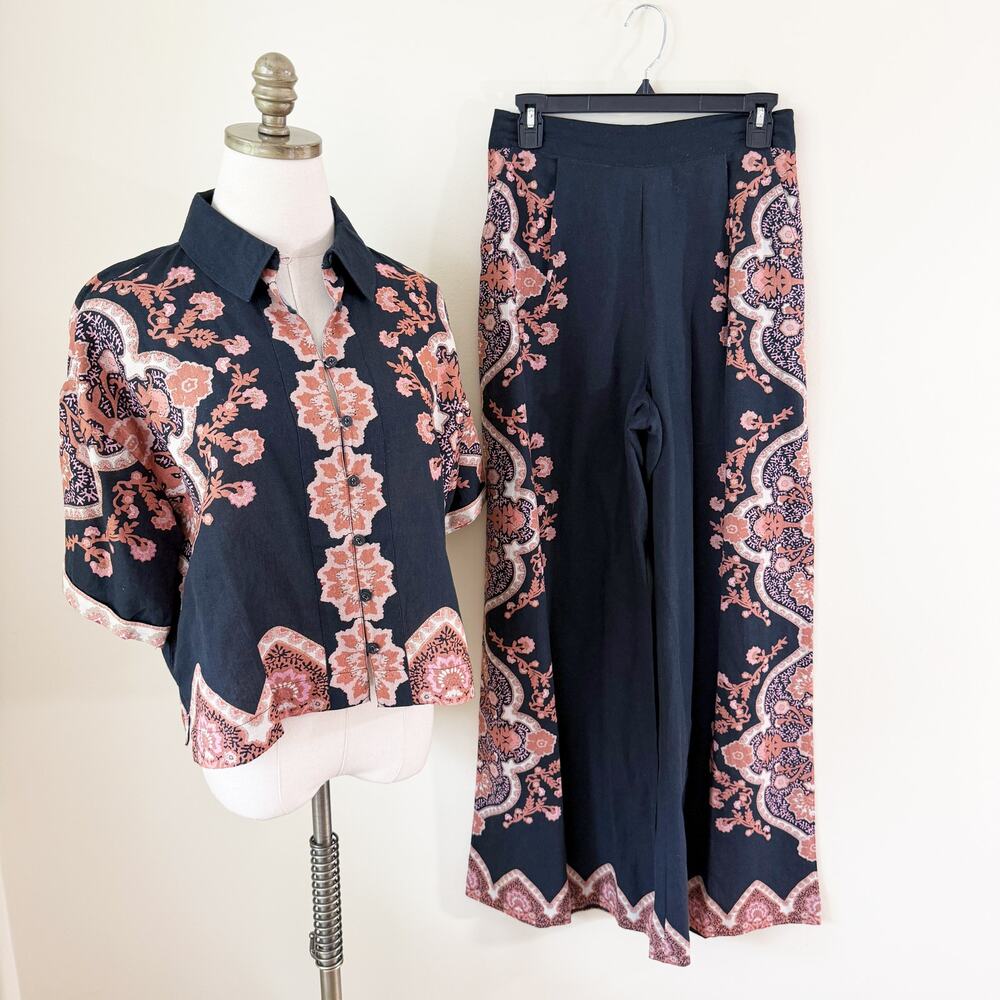 Cleobella Black/Tan Short Sleeve Top & Wide Leg Pants Coordinating Set XS/Small - Picture 2 of 12